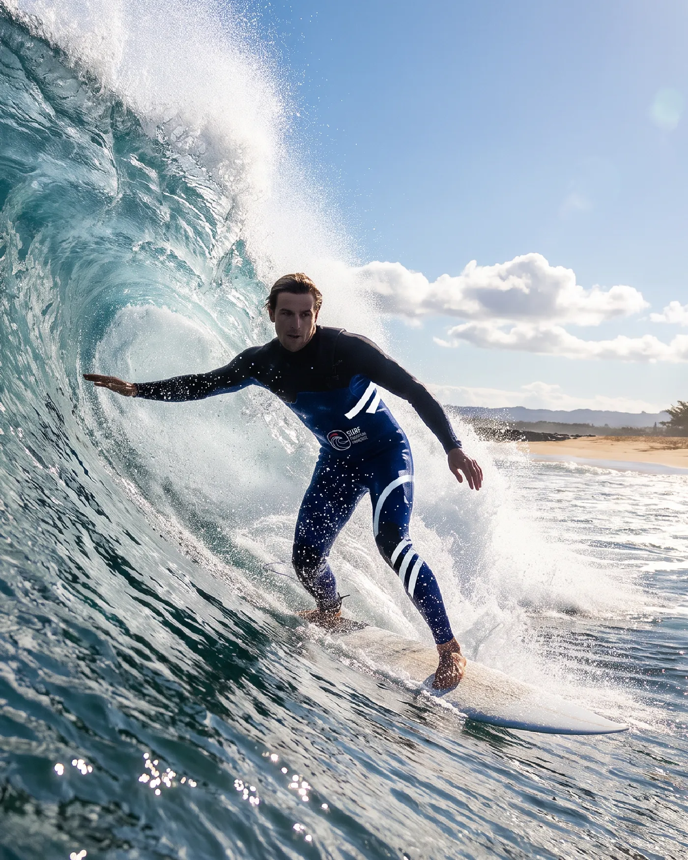 Un surfeur dans une vague, en combinaison bleue aux couleurs de la fédération, logo sur la poitrine