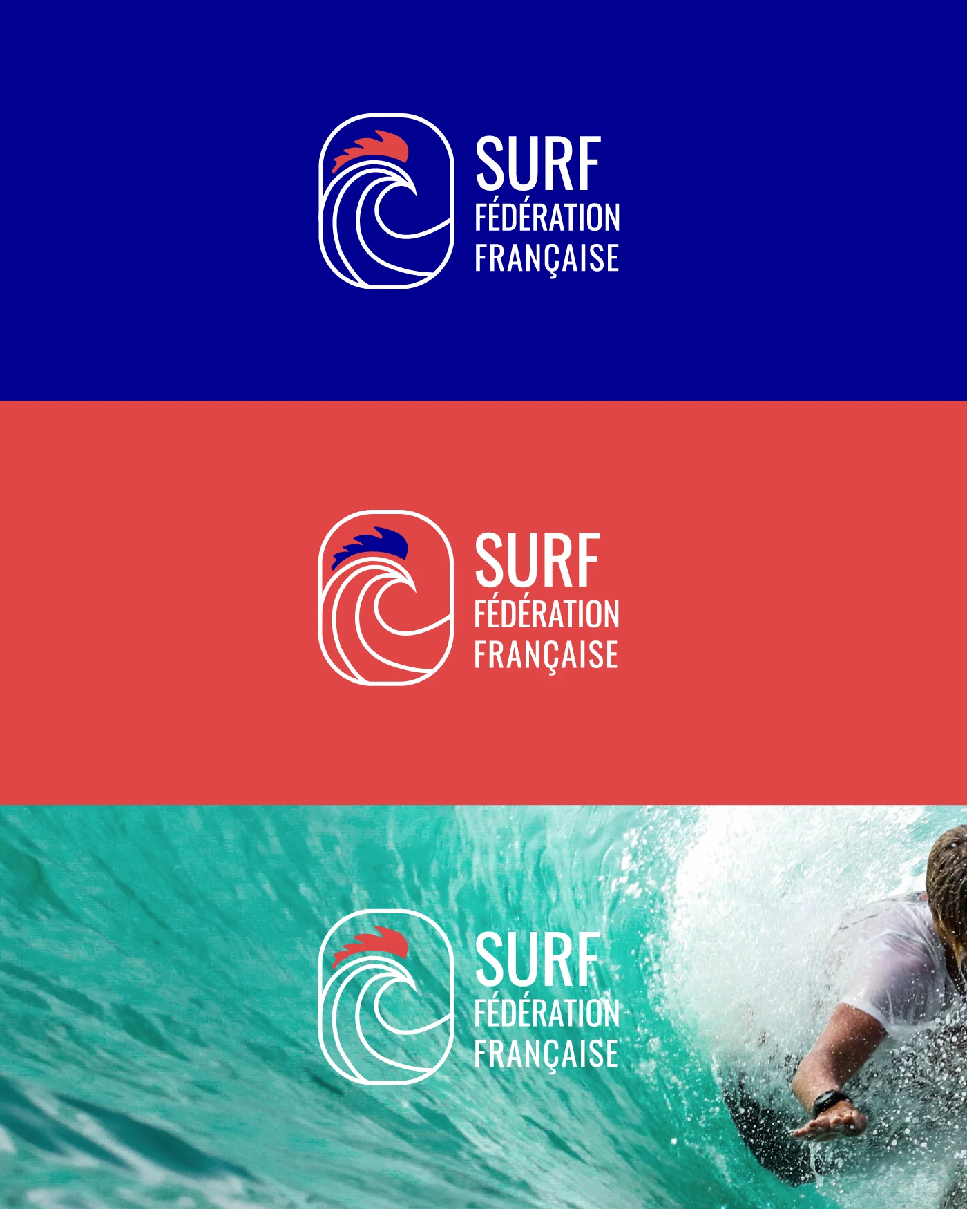 Le logo décliné sur trois fonds : bleu, rouge, et une photo de surfeur dans une vague