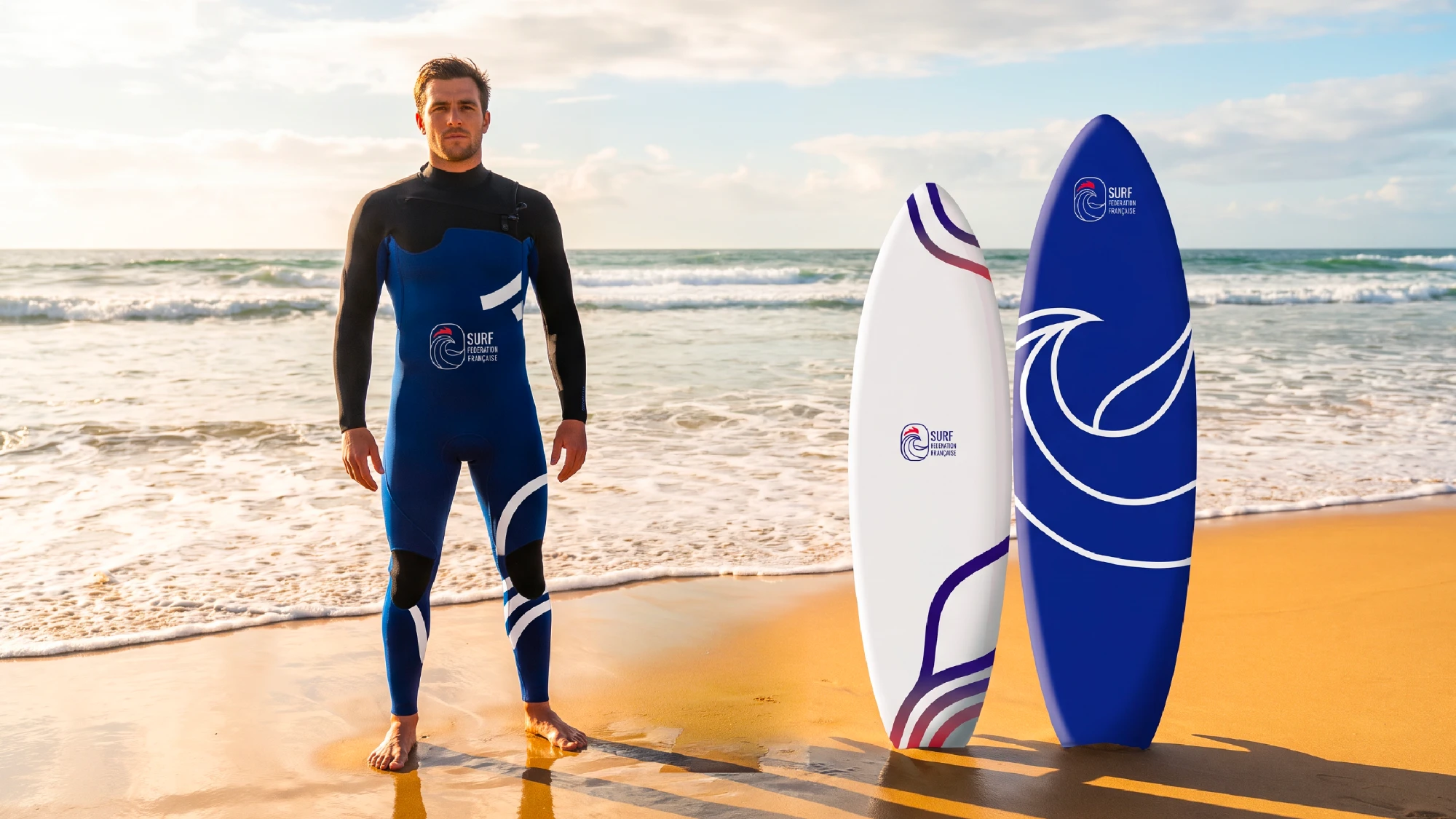 Un surfeur en combinaison de la fédération sur la plage, à côté de deux planches aux couleurs de la marque