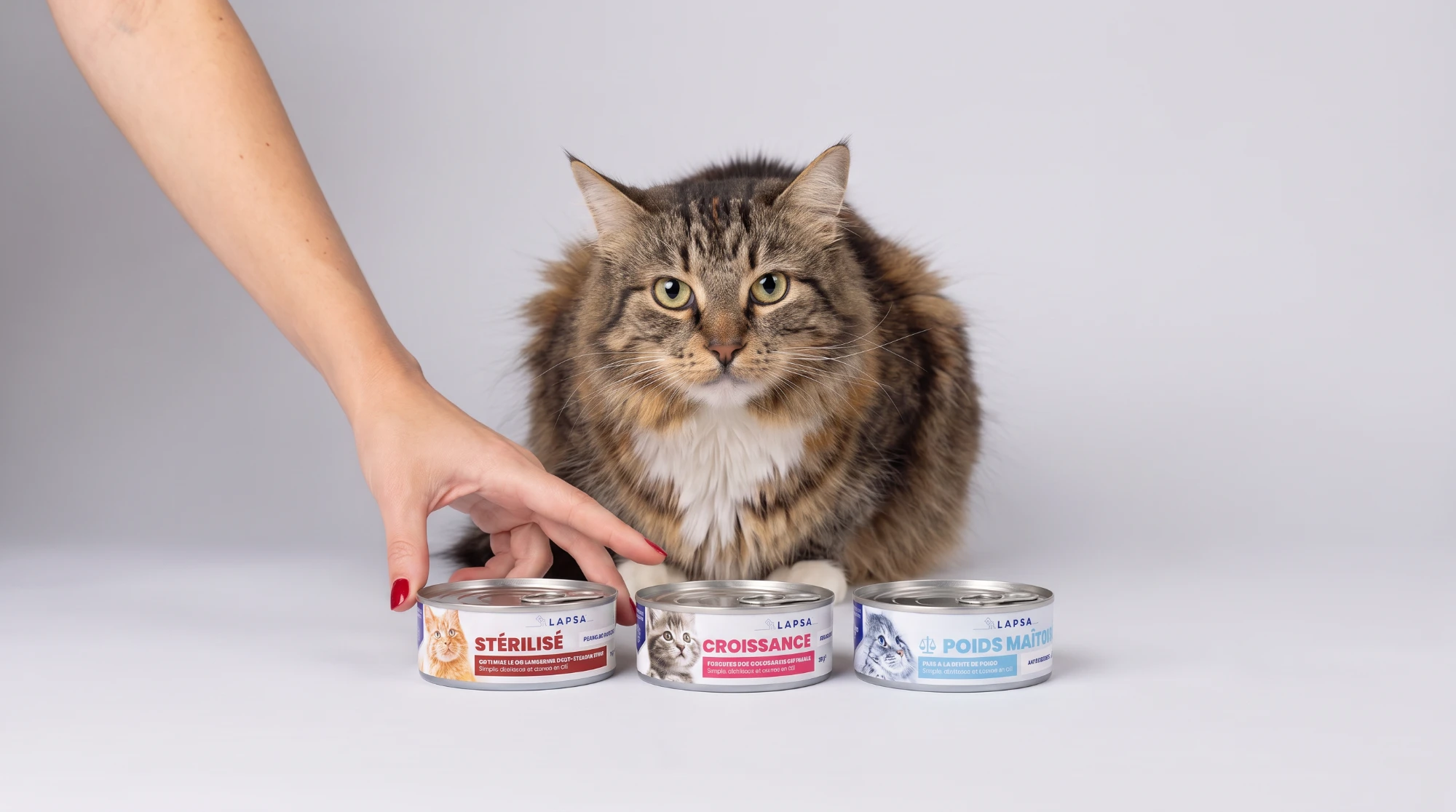 Un chat tigré fait face à trois boîtes LAPSA — stérilisé, croissance, poids maîtrisé — pendant qu'une main en pousse une