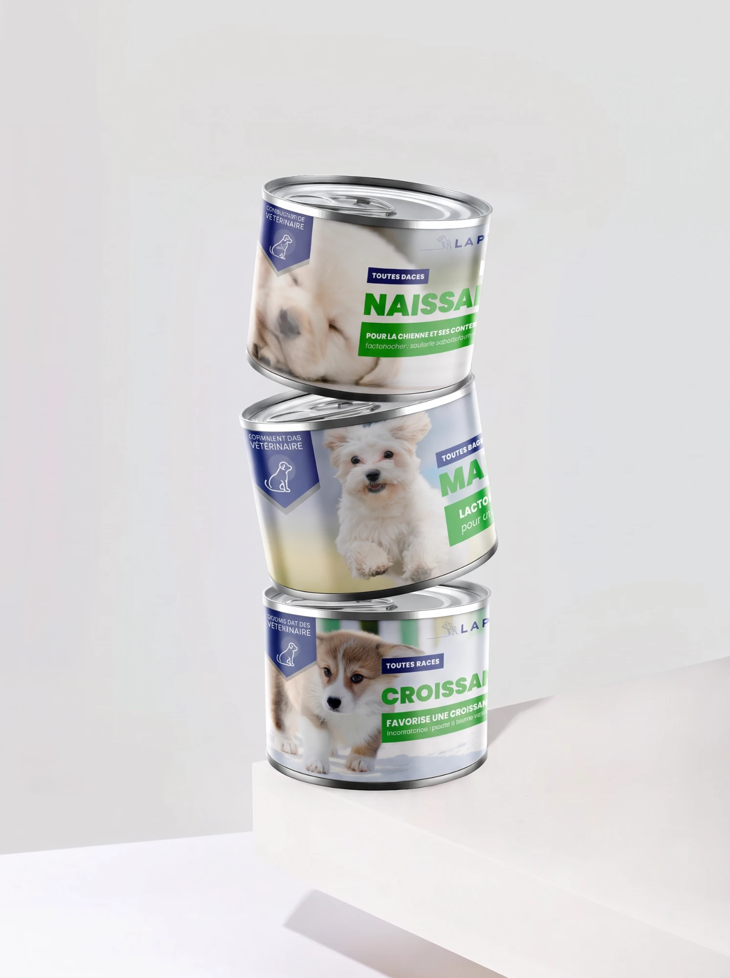 Trois boîtes pour chiots empilées en équilibre : naissance, maintien et croissance