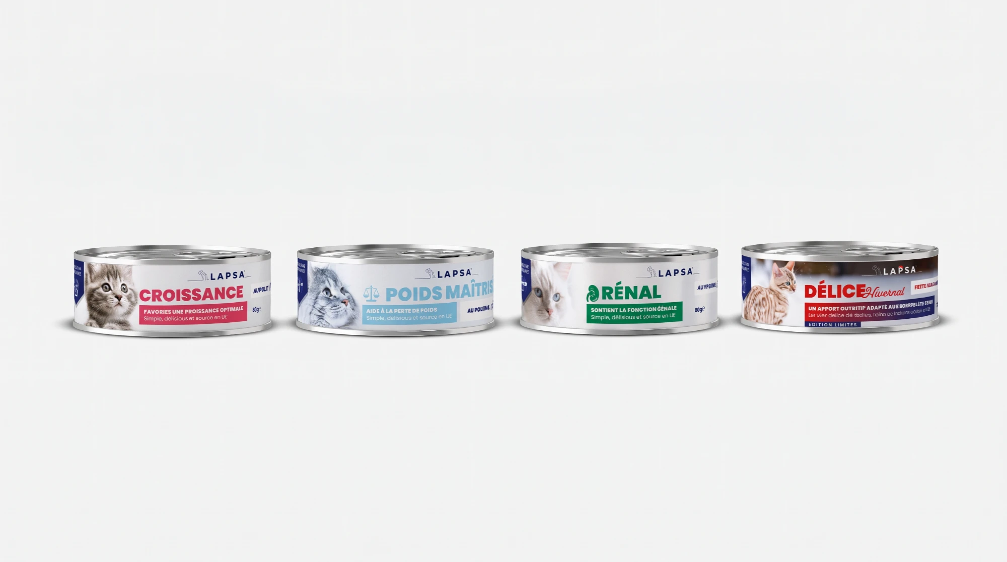 Quatre boîtes de la gamme LAPSA alignées : croissance, poids maîtrisé, rénal et délice hivernal