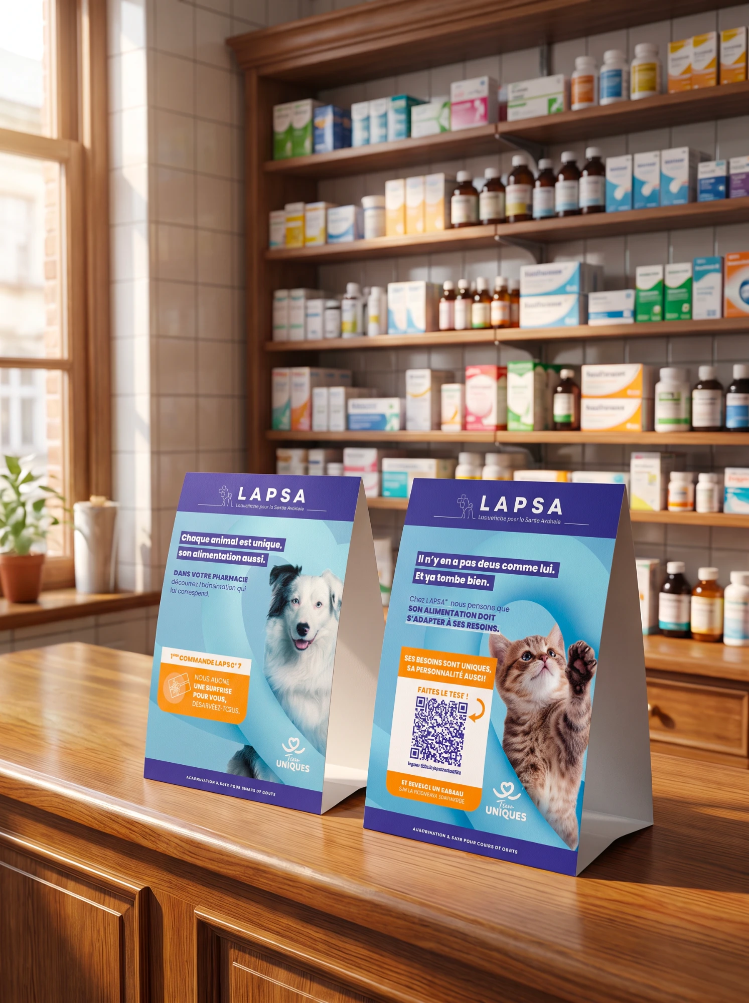 Deux chevalets de comptoir de la marque posés sur le comptoir d'une pharmacie