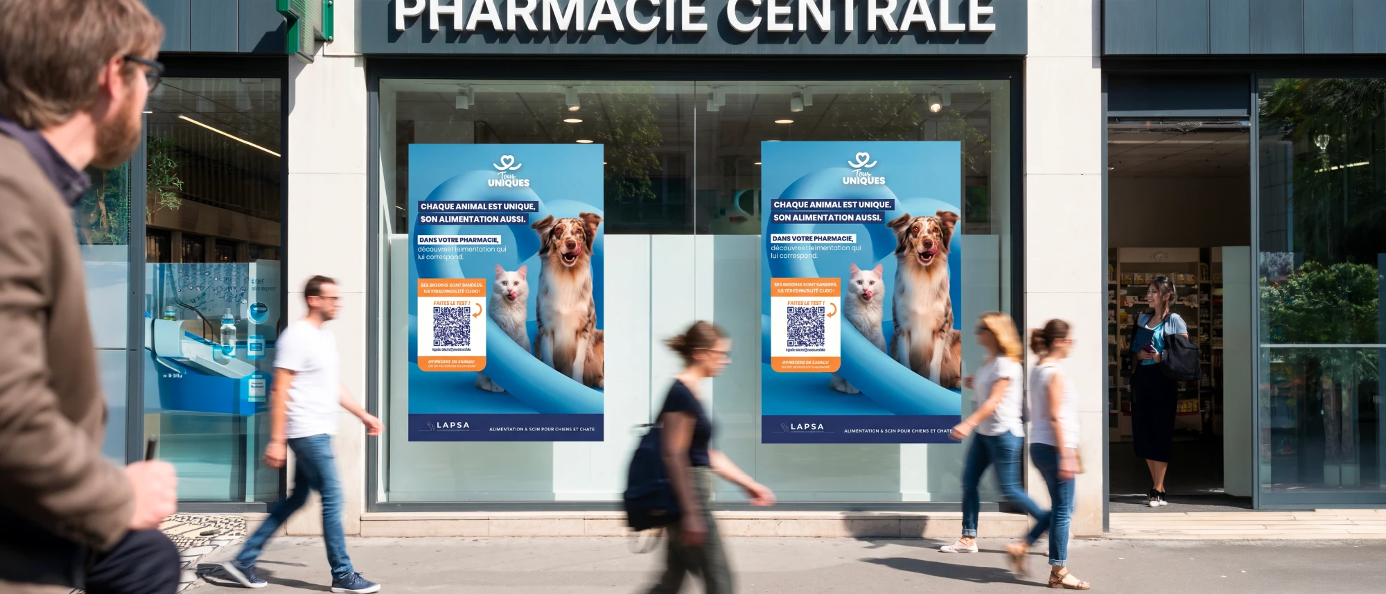 Les affiches de l'opération en vitrine d'une pharmacie, dans la rue